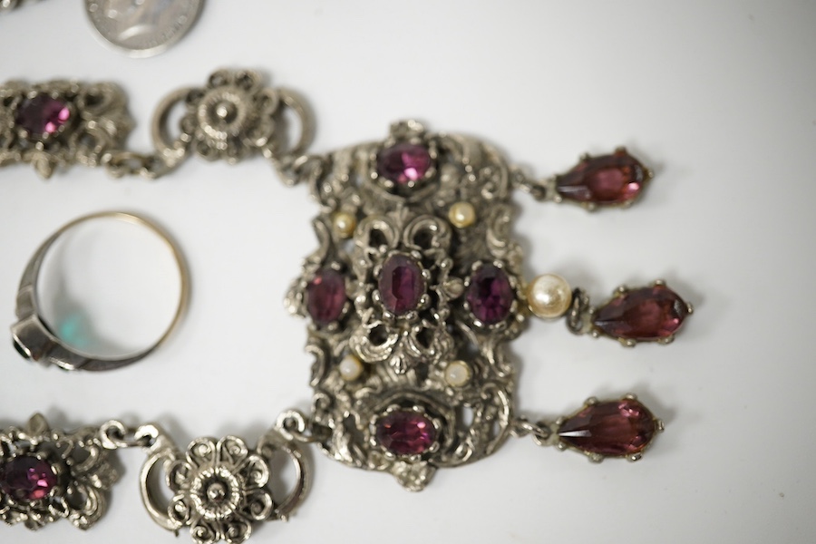 A small quantity of assorted jewellery including a silver charm bracelet, amethyst paste necklace, agate bead necklace and three marcasite set items, etc. Condition - poor to fair to good